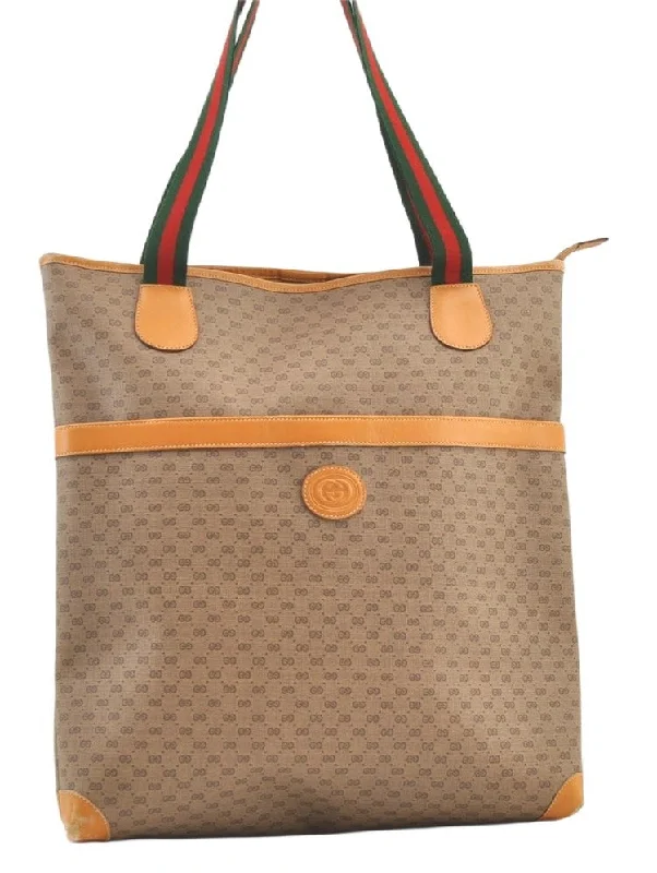 Gucci tote bags for women with a water - resistant coatingAuthentic GUCCI Web Sherry Line Micro GG PVC Leather Tote Bag Brown 1278K