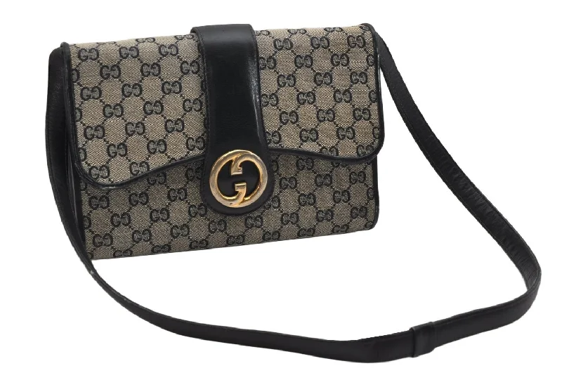 Women Gucci Sylvie bags with a monogram - embossed leatherAuthentic GUCCI Shoulder Cross Body Bag Purse GG Canvas Leather Navy Blue 1256K