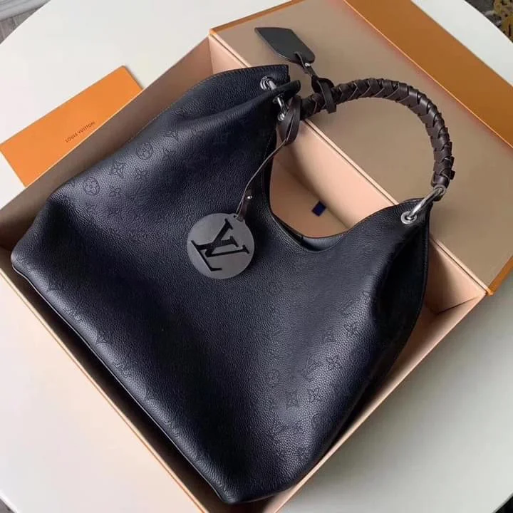 Louis Vuitton tote bags with a printed LV logo on the front for brand visibilityLouis Vuitton Carmel Mahina Leather Black Bag