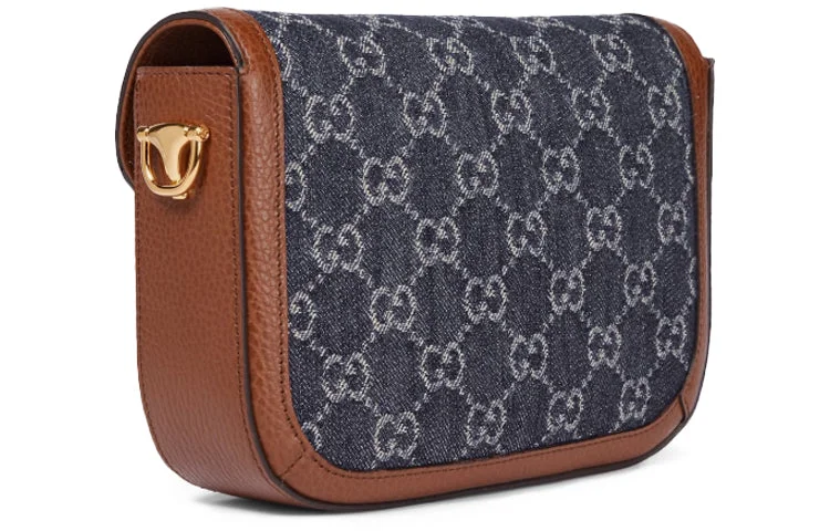 Women Gucci Sylvie bags with a detachable ribbon detailGUCCI Horsebit 1955 Retro Gold Buckle Logo Stripe Webbing Denim Saddle Bag Shoulder Messenger Bag Mini Gray Blue / Brown 658574-2KQPG-8391