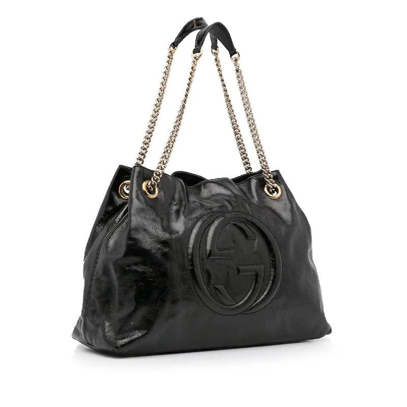 Women Gucci Sylvie bags with a monogram - embossed leatherGucci Medium Patent Soho Chain Tote (SHG-skULqA)