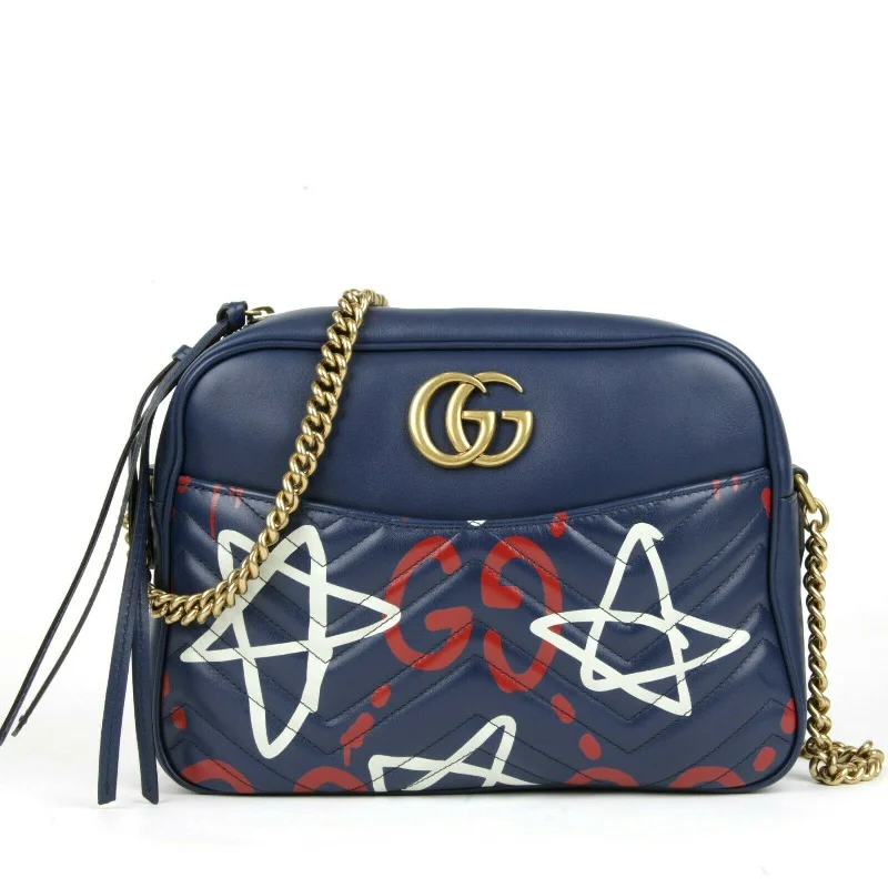 Women Gucci bags with a front - flap pocket for quick - access itemsGUCCI Calfskin Gucci Ghost Print Medium GG Marmont Shoulder Bag Blue