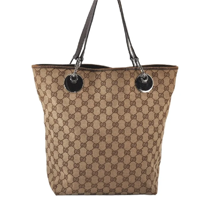 Women Gucci bags with a snap - button closure and a decorative charmAuthentic GUCCI Eclipse Shoulder Tote Bag GG Canvas Leather 120836 Brown 5621K