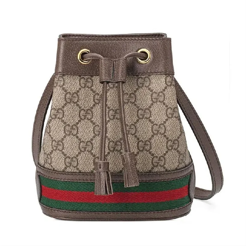 Women Gucci Sylvie bags with a crystal - embellished web stripeGucci Bucket Ophidia Mini Supreme Brown Gg Canvas Shoulder Bag