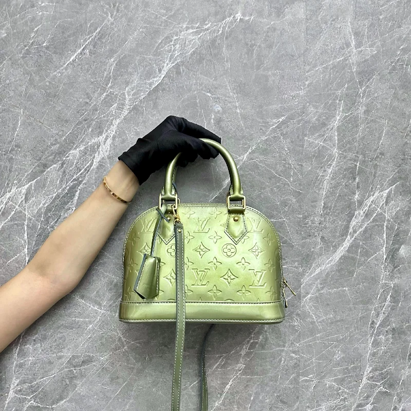 Louis Vuitton backpacks with a hidden back pocket for securityLV Alma BB Vernis Patent Leather Olive Green