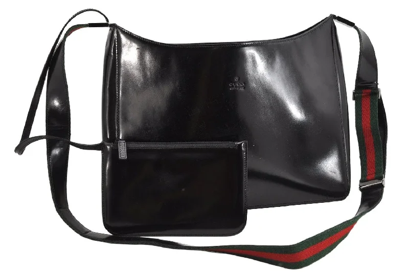 Medium - sized Women Gucci handbags for everyday useAuthentic GUCCI Web Sherry Line Shoulder Cross Bag Purse Leather Black 1267K