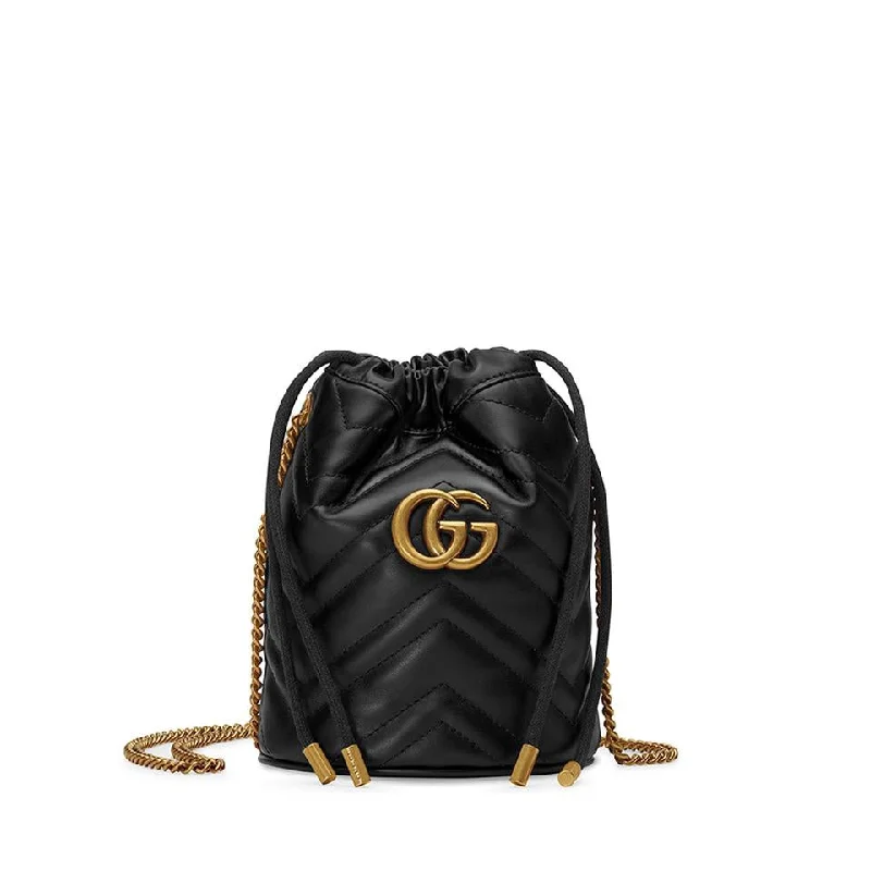 Women Gucci bags with a snap - button closure and a decorative charmGucci Bucket Marmont Gg 2.0 Mini Black Leather Shoulder Bag