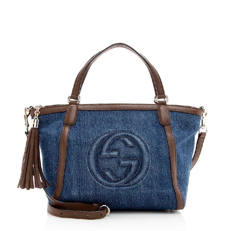 Women Gucci bags with a zip - around closure for securityGucci Denim Soho Top Handle Tote