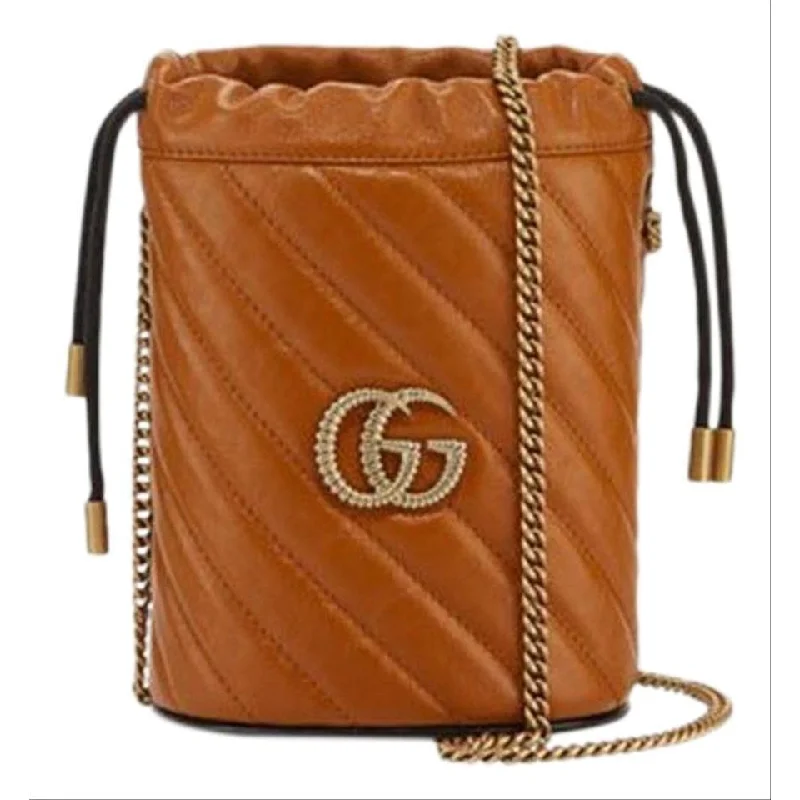 Ladies Gucci shoulder bags with a magnetic - closure flapGucci Bucket Marmont Gg Torchon Mini Brown Leather Shoulder Bag