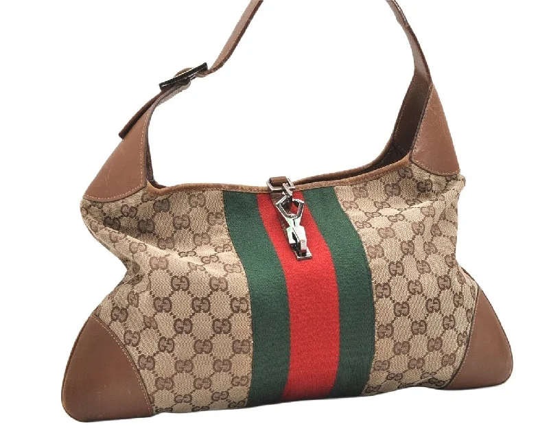 Women Gucci bags with a front - zip pocket for small itemsAuth GUCCI Web Sherry Line Kandinsky Shoulder Bag GG Canvas Leather Brown 5642K