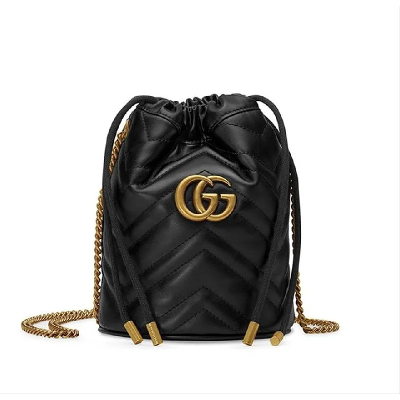 Women Gucci Sylvie bags with a leather - wrapped handleGucci Bucket Marmont Gg 2.0 Mini Black Leather Shoulder Bag