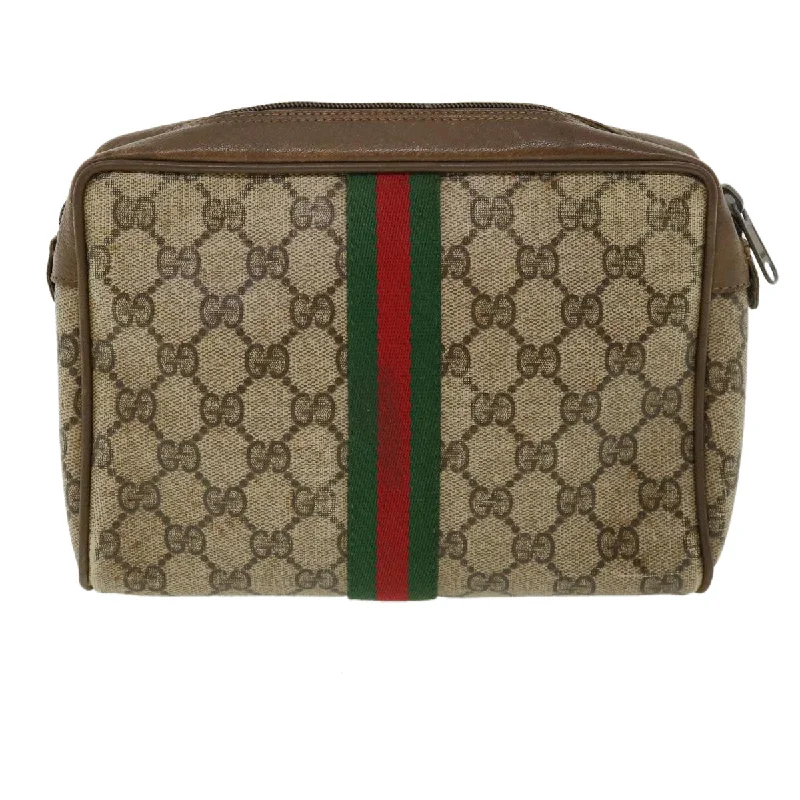 Women Gucci Sylvie bags with a crystal - embellished web stripeGUCCI Web Sherry Line GG Canvas Clutch Bag PVC Leather Beige Green  37094