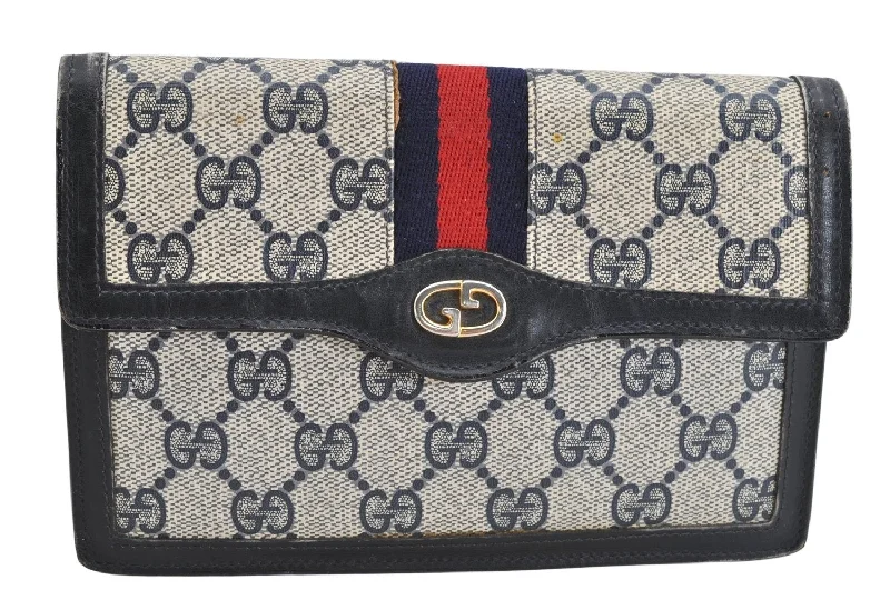 Women Gucci Sylvie bags with a detachable ribbon detailAuthentic GUCCI Vintage Sherry Line Pouch Purse GG PVC Leather Navy Blue 1266K