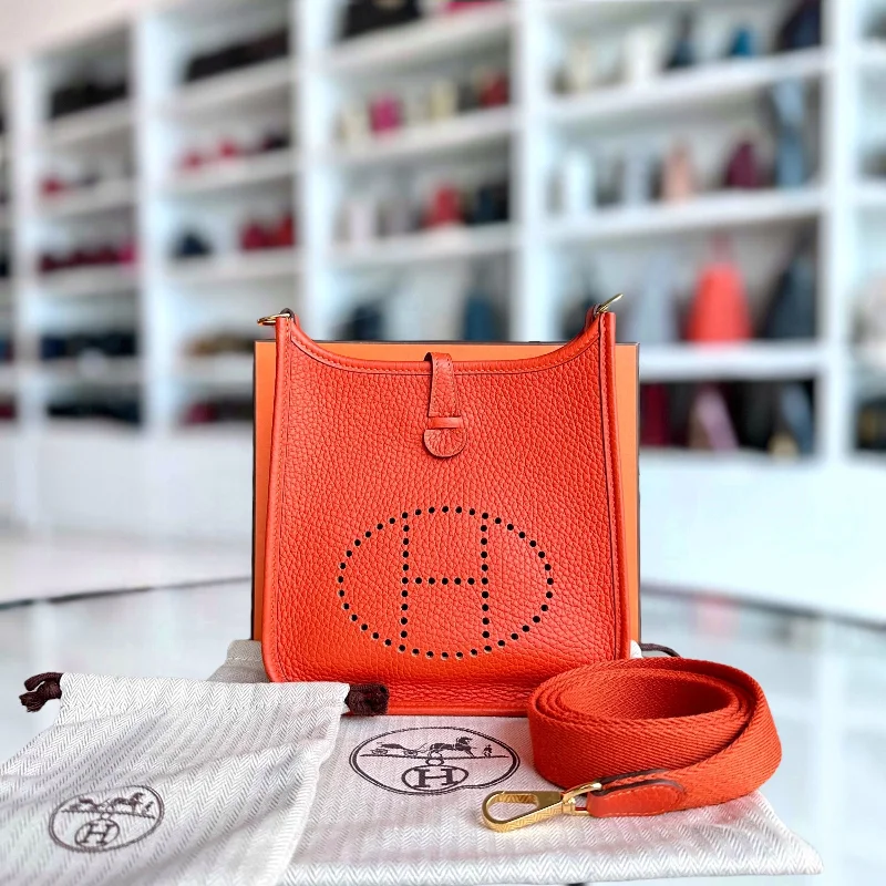 Hermès Kelly Bags with an embossed leather pattern for added textureHermes Mini Evelyn 16 Taurillon Clemence Stamp U Orange GHW