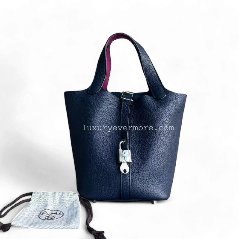 Hermès Kelly Bags with a double - handle option for easy carryingHermes Picotin 18 A Stamp TC Clemence Dark Blue Silver Hardware