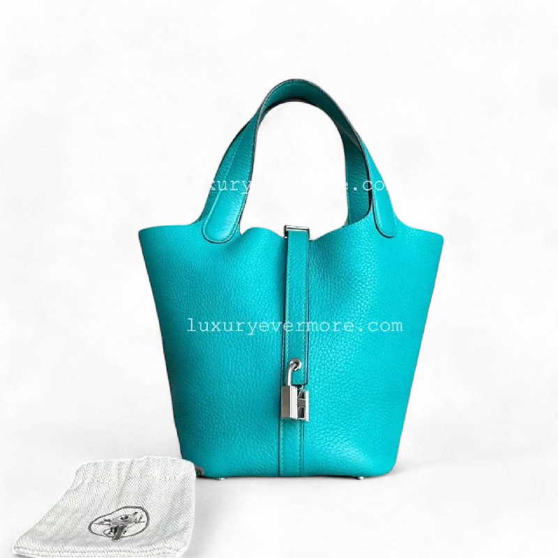 Medium - sized Hermès Kelly Bags in Taurillon Clemence leather for durabilityHermes Picotin 18 - X Stamp Vert Jade Taurillion Clemence TC Cyan Lock Silver Hardware