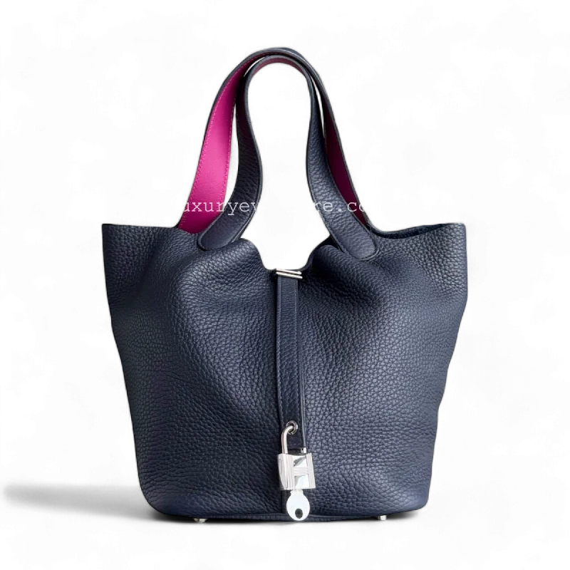 Hermès Kelly Bags with a metal - framed handle for durabilityHermes Picotin 22 - Lock TC Clement Midnight Blue Palladium Silver Hardware