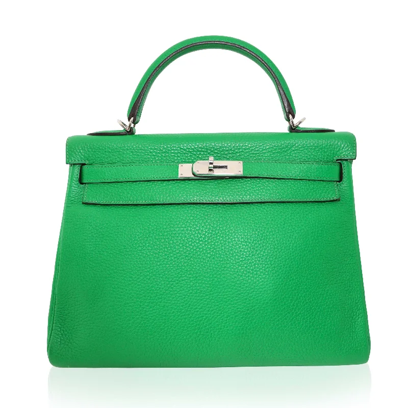 Large - sized Hermès Kelly Bags in Box calf leather for a smooth finishKelly 32 Retourne Green Taurillon Clemence PHW